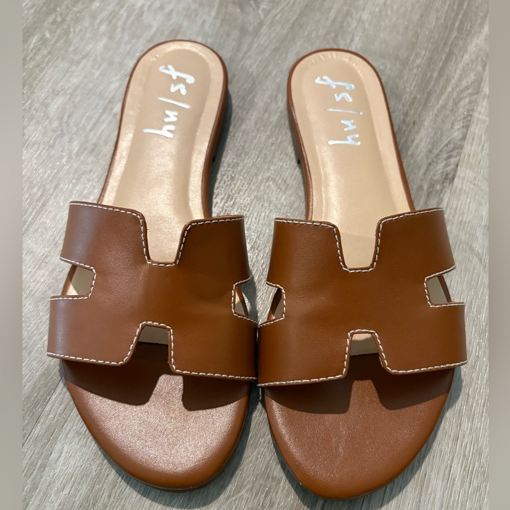 French Sole Alibi cognac leather sandals white stitching 8.5